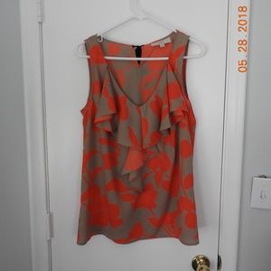 Loft Blouse - tan and coral with ribbon tie detail